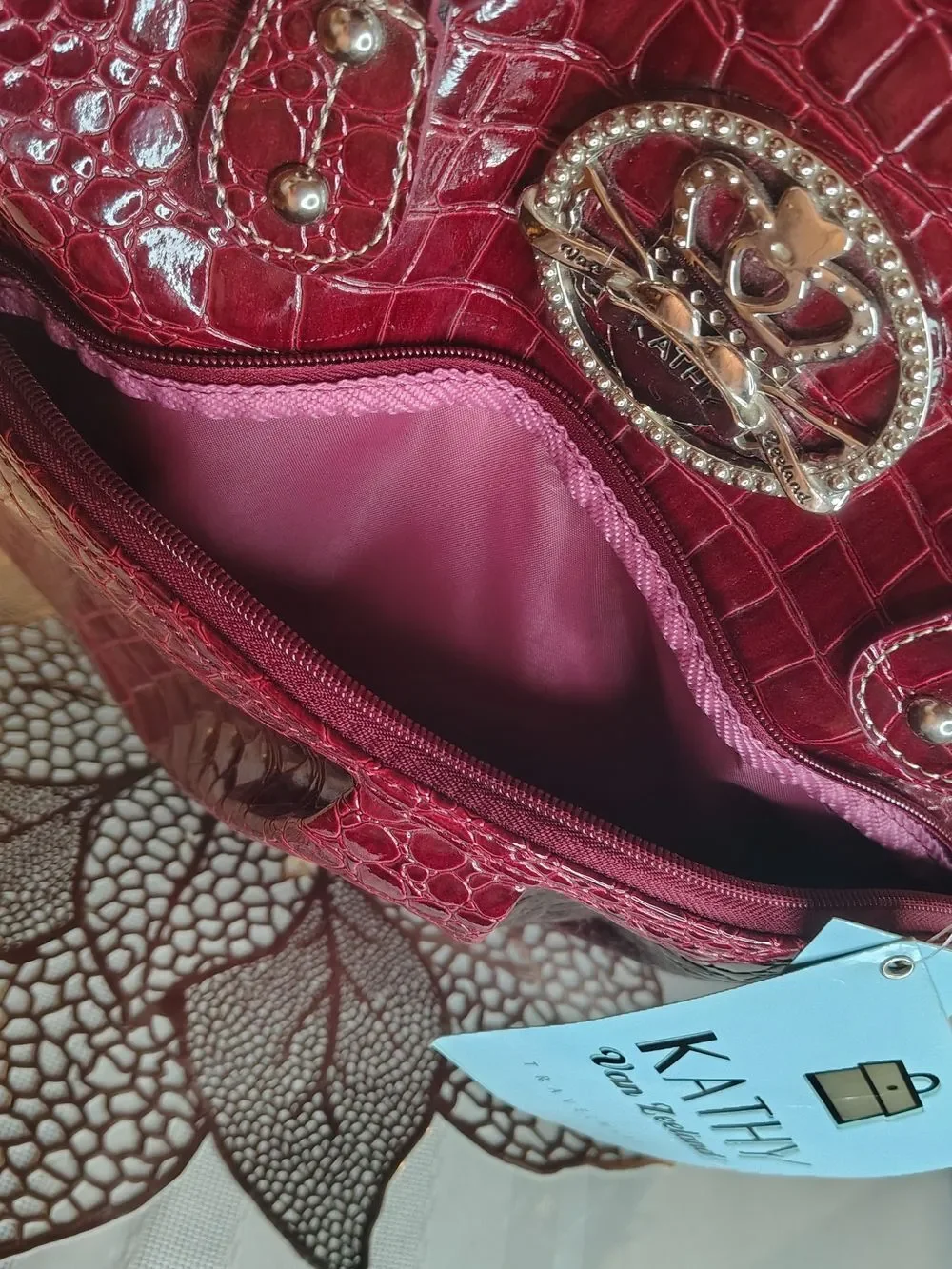 Kathy Van Zeeland Burgundy Croc-Embossed Tote Travel Bag 16